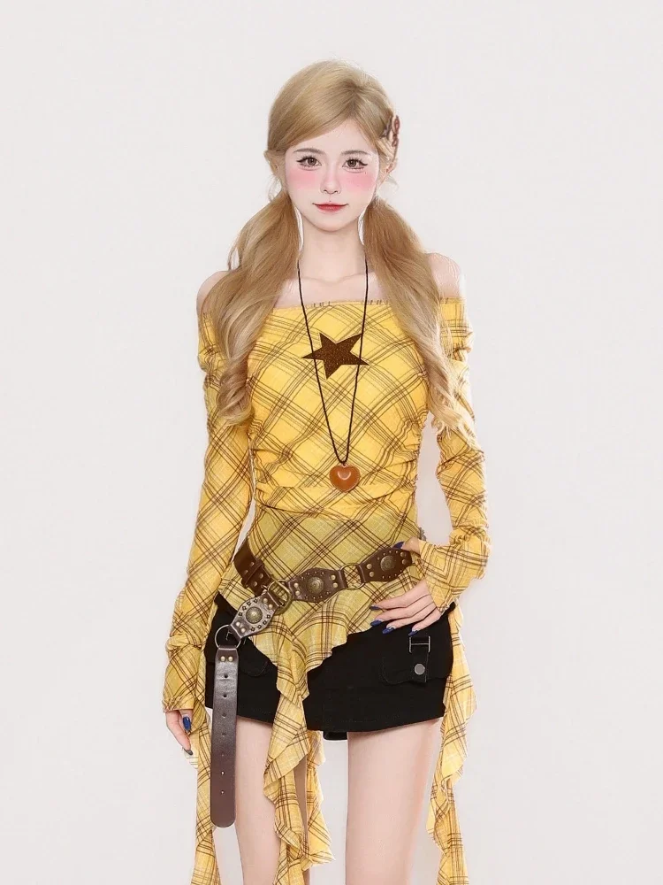 Y2K Plaid Slash Neck Vintage T – обзор и цена Vintage Women Fashion